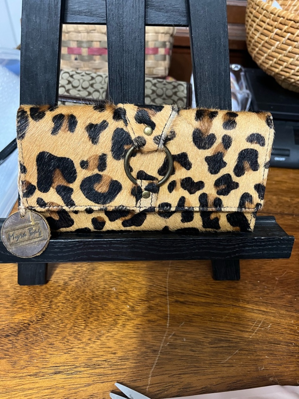 Myra Bag Leopard Print Calf Hair Wallet in Tan and Black